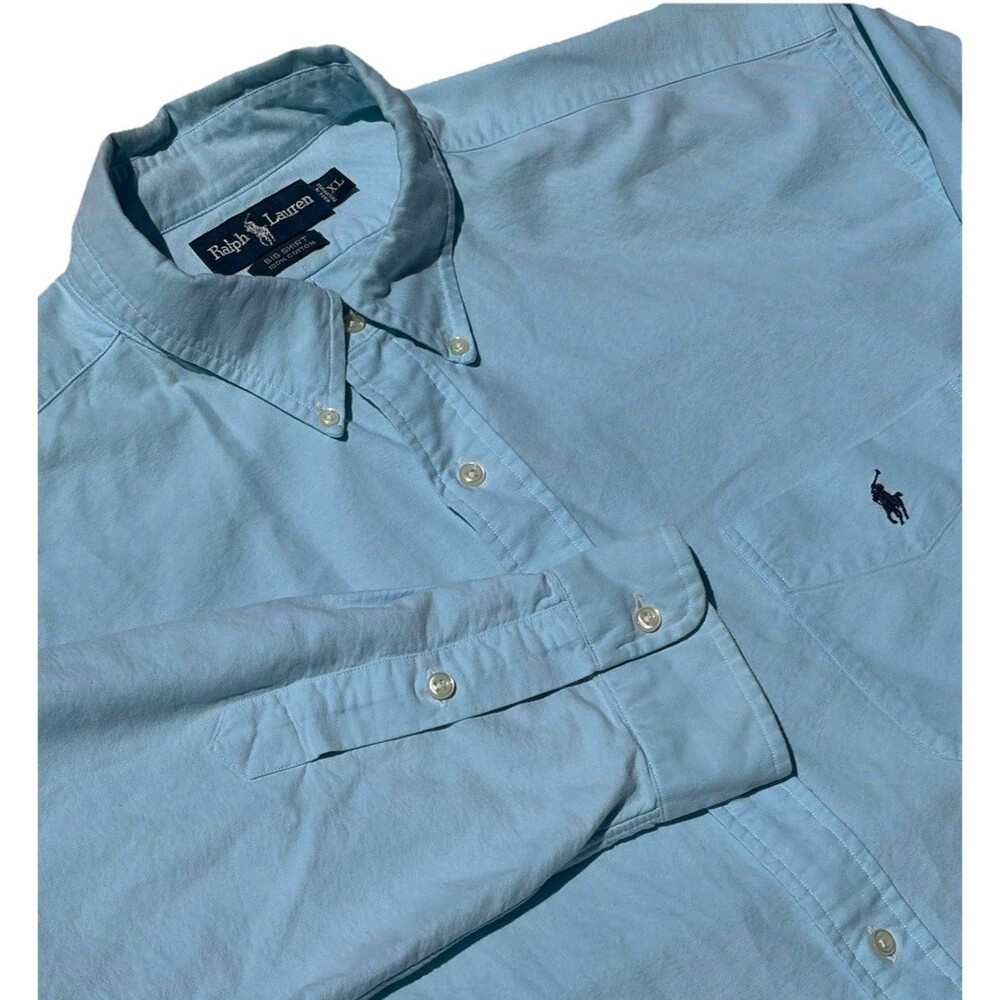 Vintage Ralph Lauren 90s Big Shirt Long Sleeve  Aqua Blue Cotton Mens XL Pocket